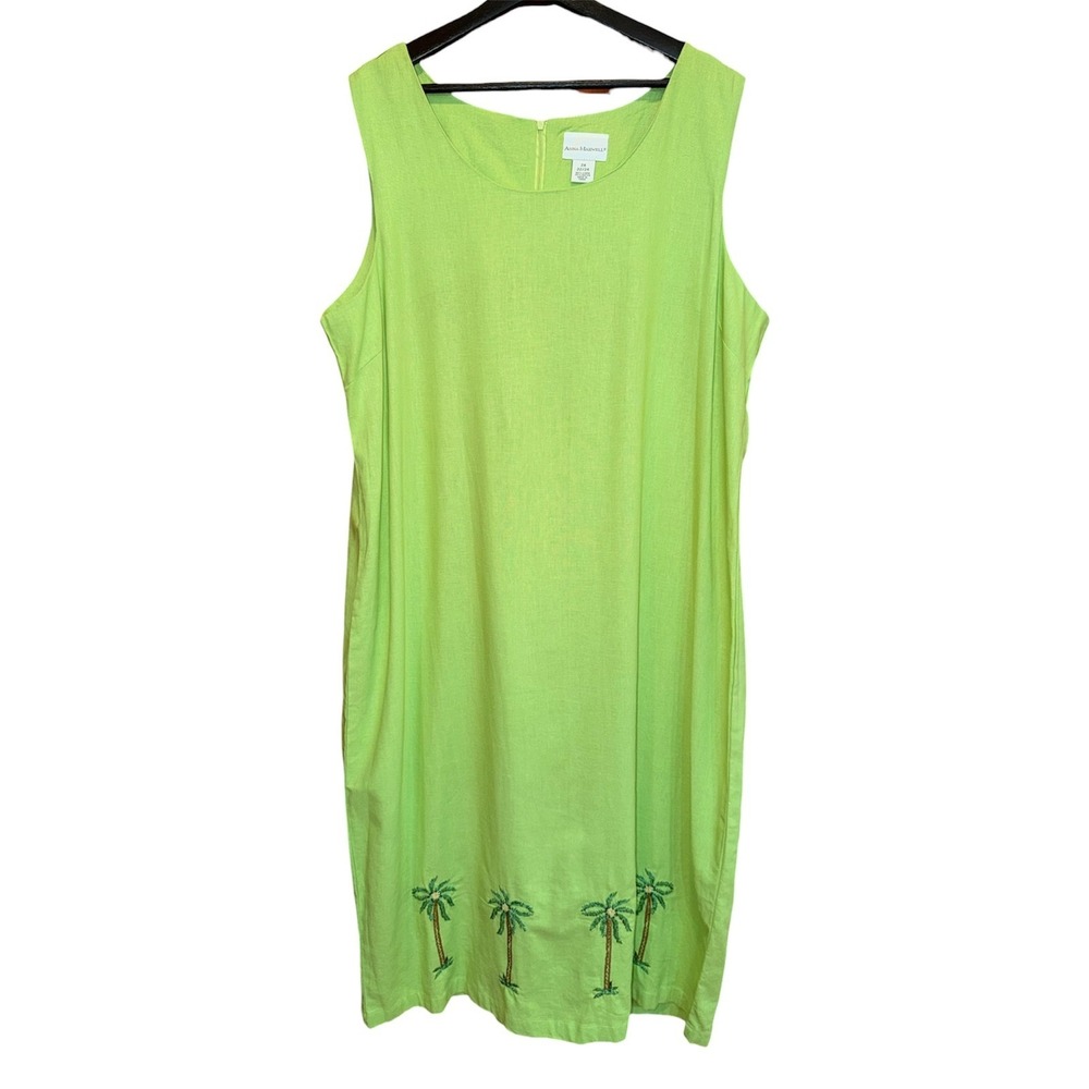 Anna Maxwell Womens 2X Lime Green Linen Blend Palm Tree Embroidered Shift Dress